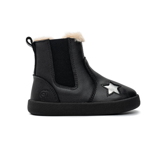 Old Soles 376 Star Rider kids leather boot in Black and Fur with star detail