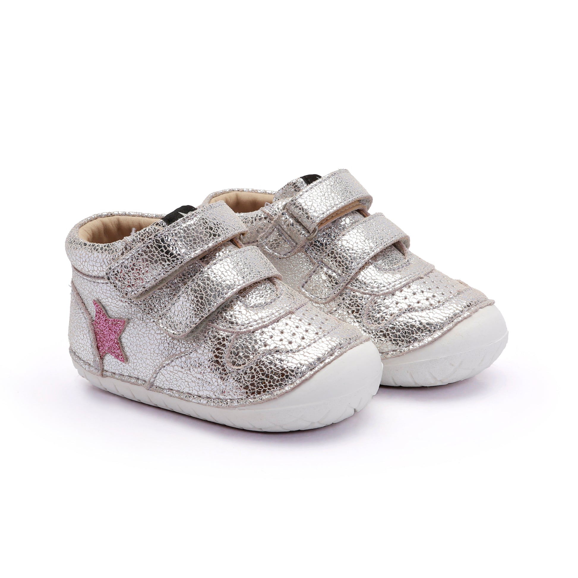 Old Soles 4110 Team Pave kids leather shoe in Silver Crackle and Glam Pink with pave detail