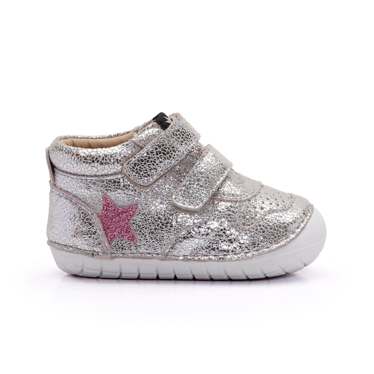 Old Soles 4110 Team Pave kids leather shoe in Silver Crackle and Glam Pink with pave detail