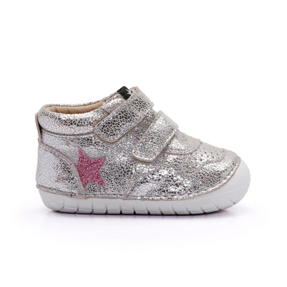 Old Soles 4110 Team Pave kids leather shoe in Silver Crackle and Glam Pink with pave detail
