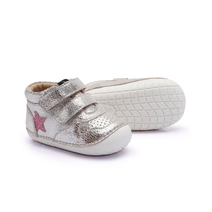 Old Soles 4110 Team Pave kids leather shoe in Silver Crackle and Glam Pink with pave detail