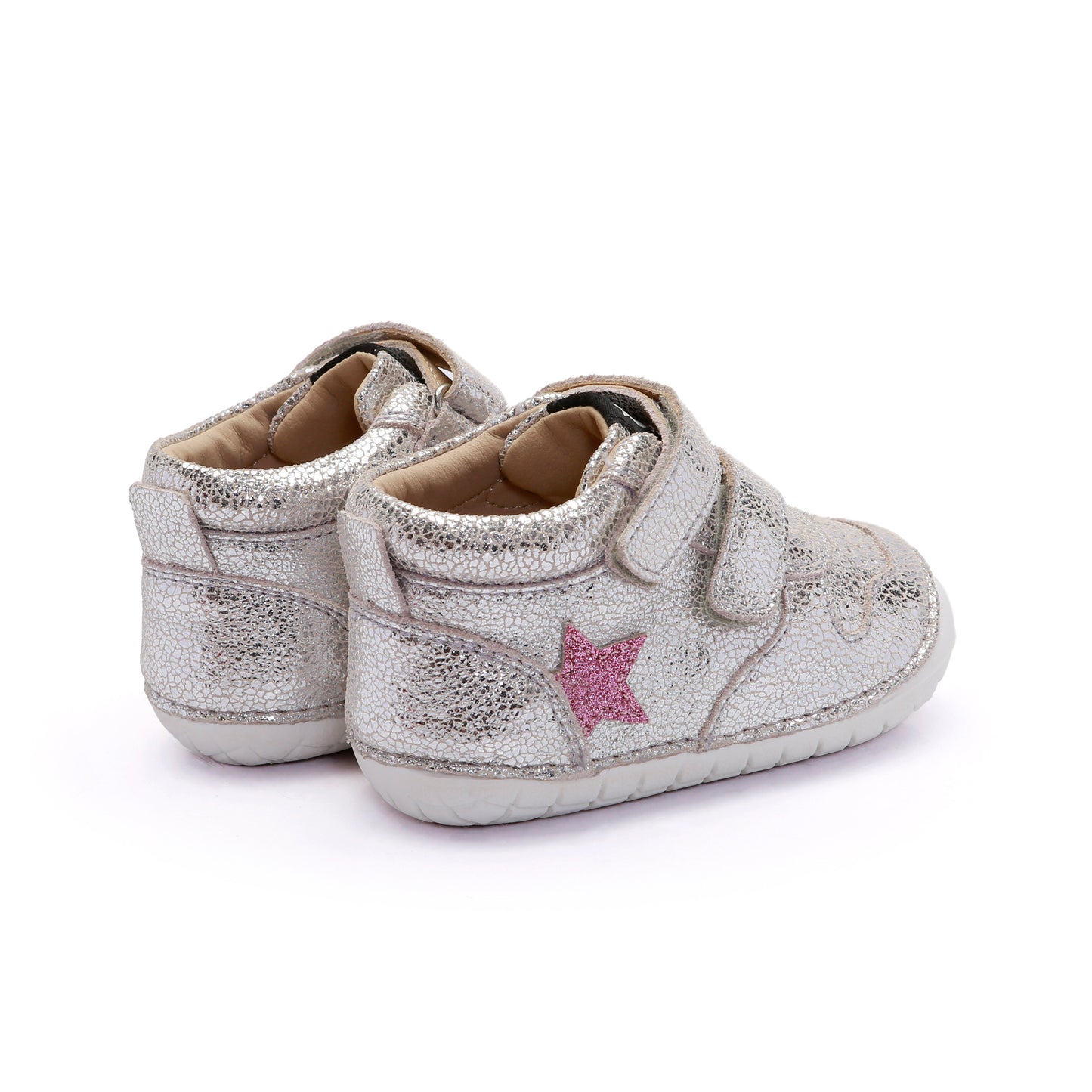 Old Soles 4110 Team Pave kids leather shoe in Silver Crackle and Glam Pink with pave detail