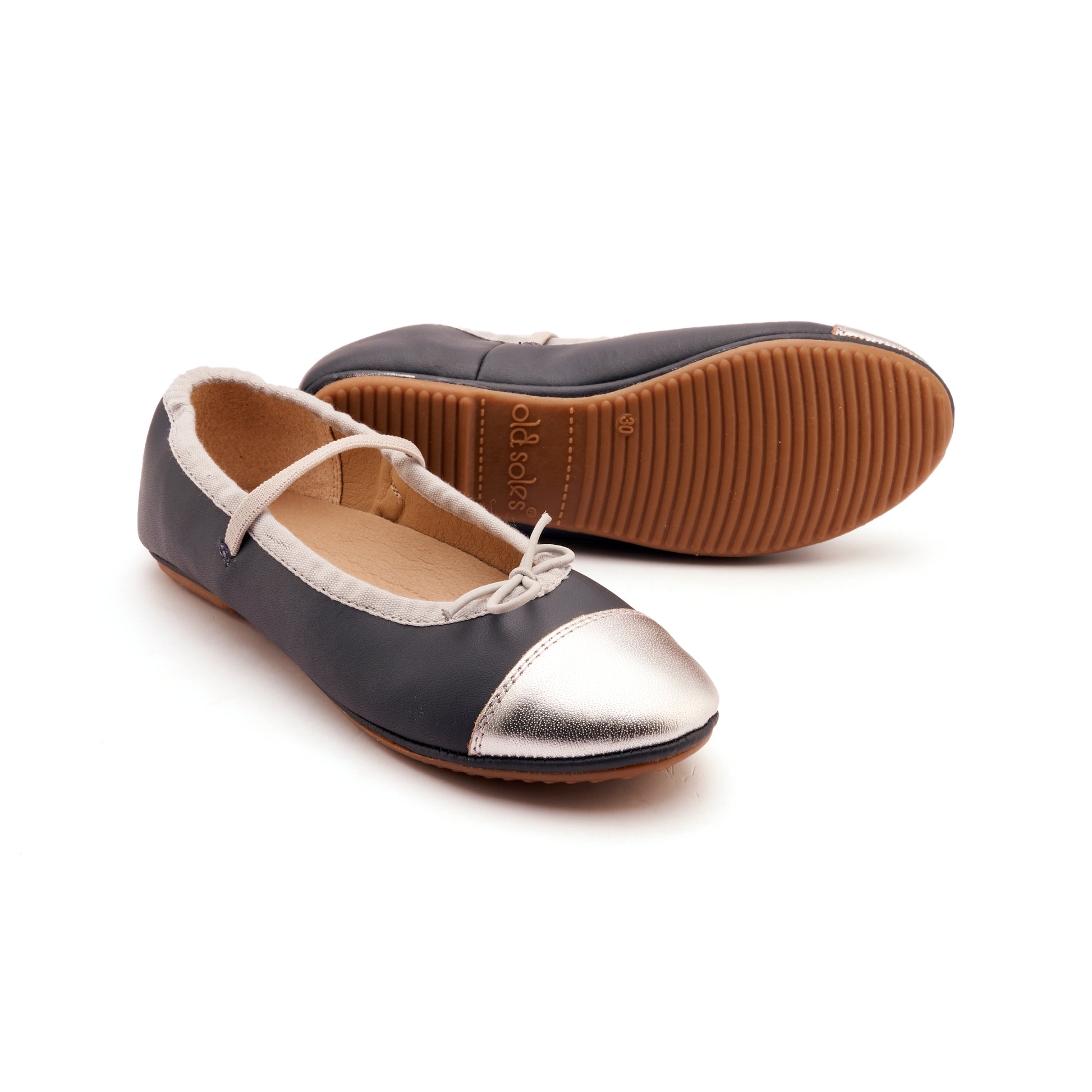 Old Soles 621 Shanni Flat kids leather flat in Navy and Silver with classic detail