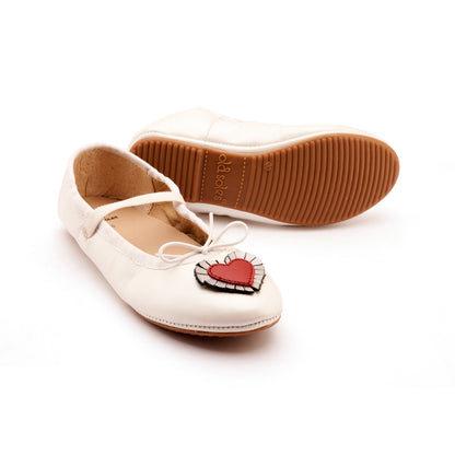 Old Soles 622 Heart Ruffle kids leather shoe in Nacardo Blanco, Red, and Rich Silver with ruffle detail