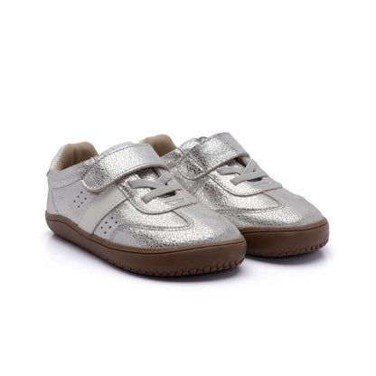Old Soles 6500 Stylin Barewalk kids leather barefoot shoe in Silver Crackle and White with barefoot design