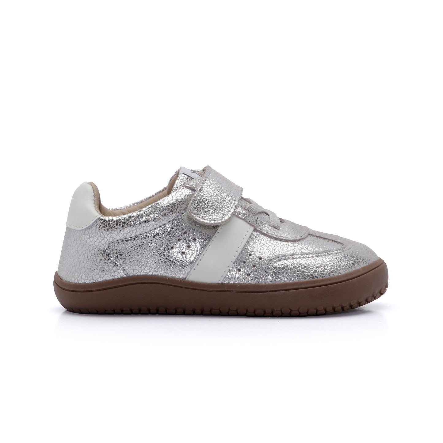 Old Soles 6500 Stylin Barewalk kids leather barefoot shoe in Silver Crackle and White with barefoot design