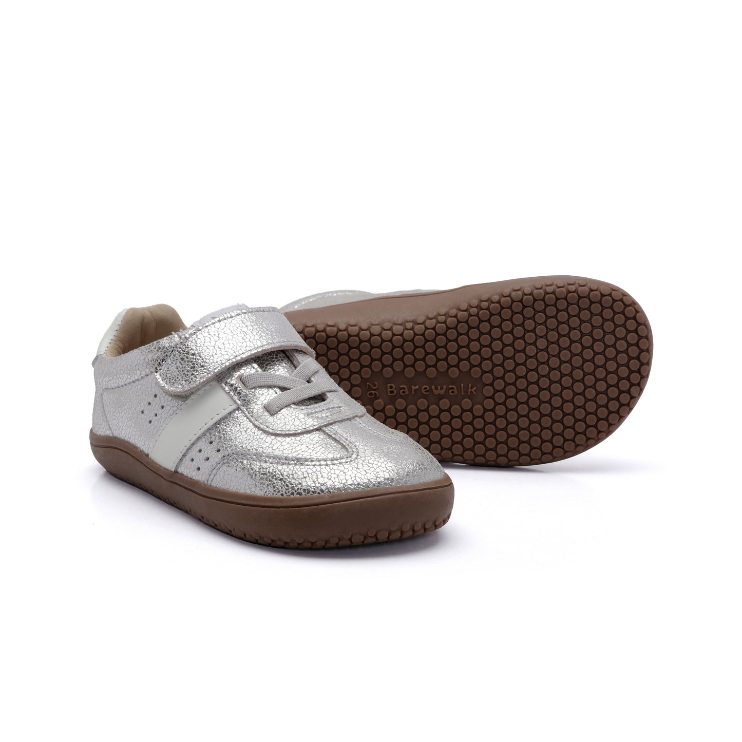 Old Soles 6500 Stylin Barewalk kids leather barefoot shoe in Silver Crackle and White with barefoot design