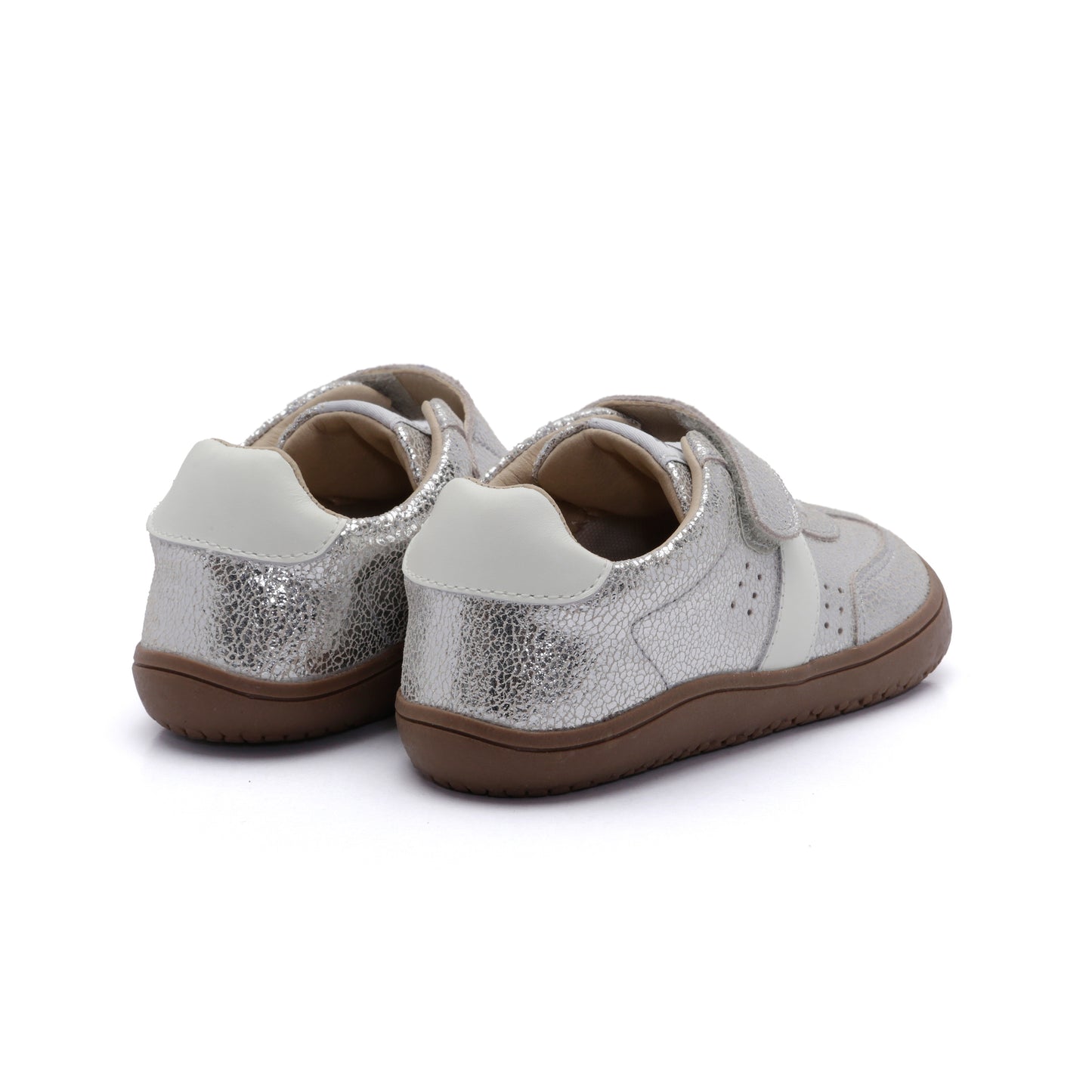 Old Soles 6500 Stylin Barewalk kids leather barefoot shoe in Silver Crackle and White with barefoot design