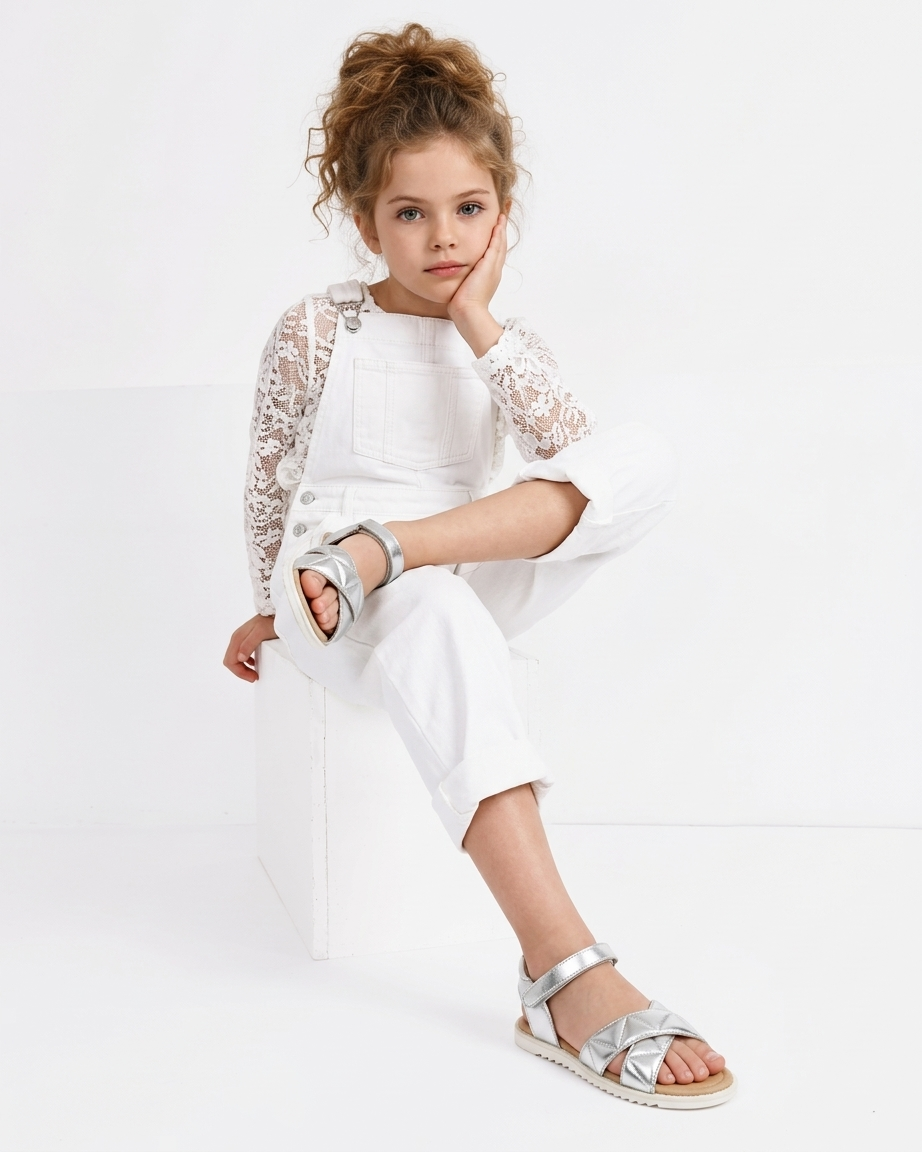 Old Soles 7043 Puff Pop kids leather shoe in Silver with open toe detail