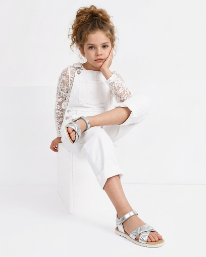 Old Soles 7043 Puff Pop kids leather shoe in Silver with open toe detail