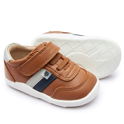 Old Soles 8013 Play Ground kids leather shoe in Tan, Gris, and Navy with rubber sole detail