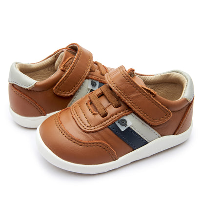Old Soles 8013 Play Ground kids leather shoe in Tan, Gris, and Navy with rubber sole detail