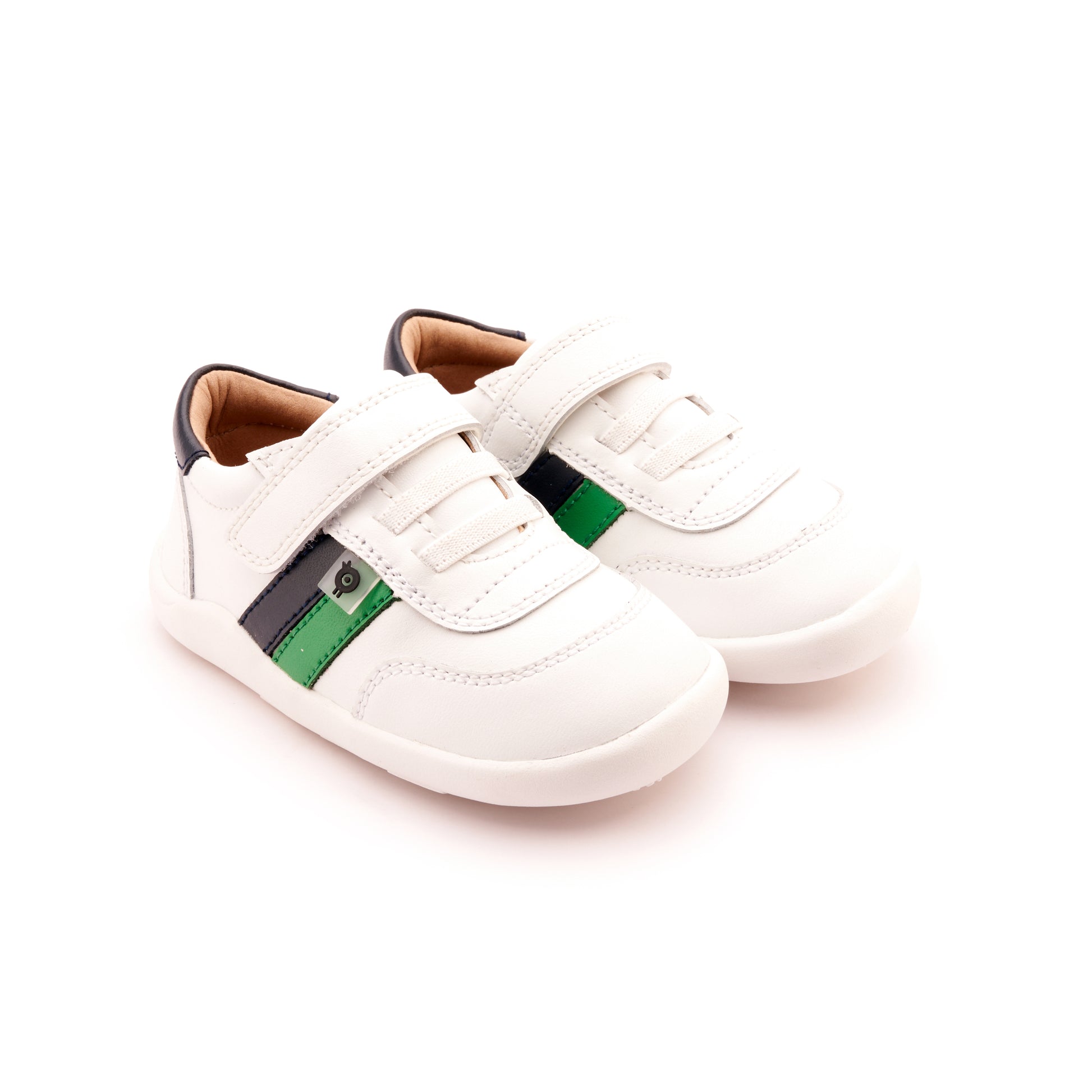 Old Soles 8013 Play Ground kids leather shoe in Snow, Navy, and Neon Green with rubber sole detail
