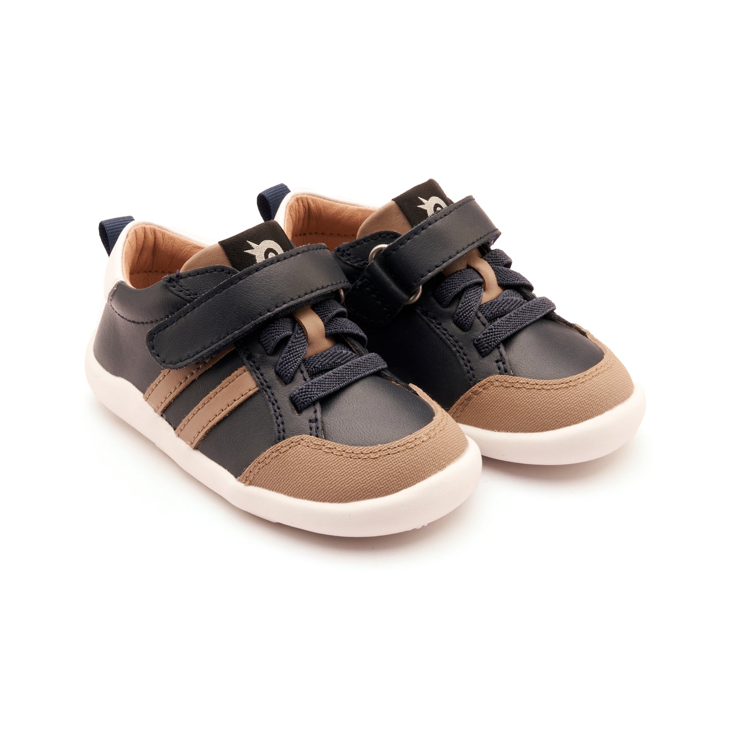 Old Soles 8070 Bowler Ground kids leather shoe in Snow, Navy, and Taupe with bow detail