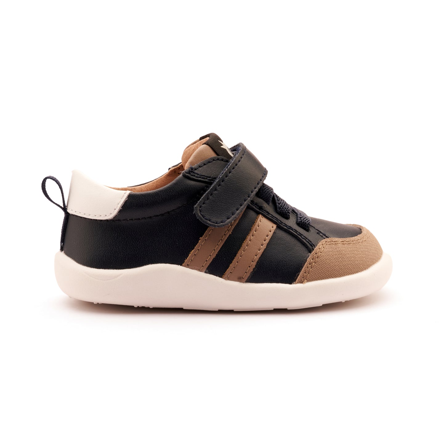 Old Soles 8070 Bowler Ground kids leather shoe in Snow, Navy, and Taupe with bow detail