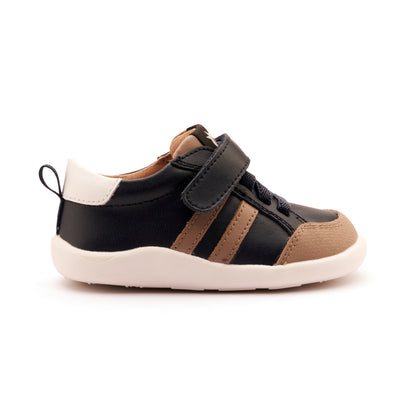 Old Soles 8070 Bowler Ground kids leather shoe in Snow, Navy, and Taupe with bow detail