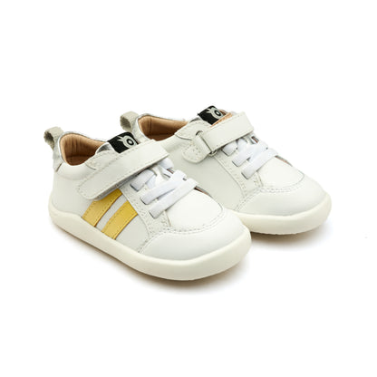 Old Soles 8070 Bowler Ground kids leather shoe in Snow, Lemon, and Silver with bow detail