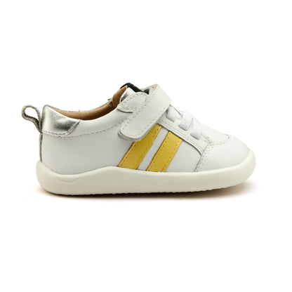Old Soles 8070 Bowler Ground kids leather shoe in Snow, Lemon, and Silver with bow detail