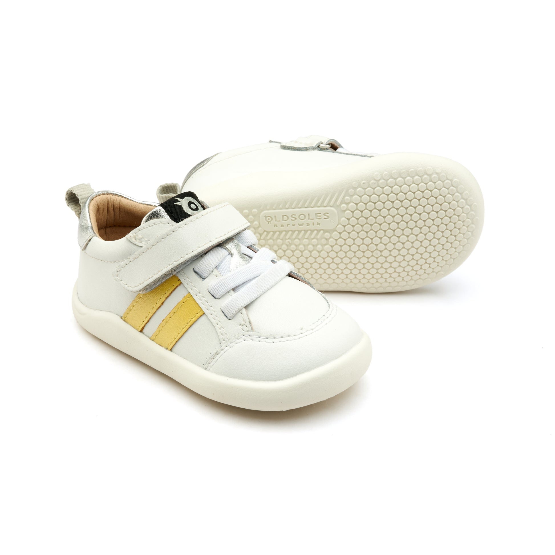 Old Soles 8070 Bowler Ground kids leather shoe in Snow, Lemon, and Silver with bow detail