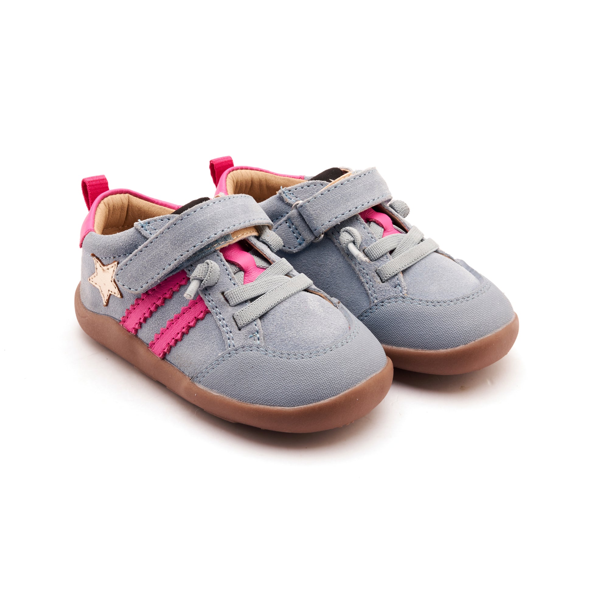 Old Soles 8072 WOS Ground kids leather shoe in Dusty Blue Suede and Gold and Rosy with rubber sole detail