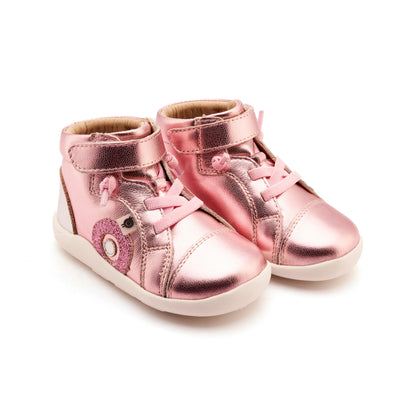 Old Soles 8080 Pushka kids leather shoe in Pink Frost, Glam Pink, and Silver with classic detail