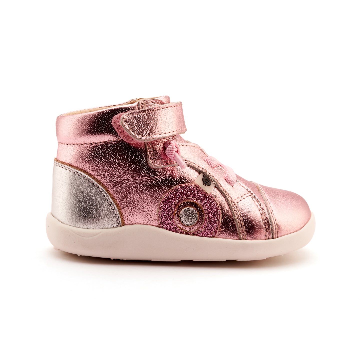 Old Soles 8080 Pushka kids leather shoe in Pink Frost, Glam Pink, and Silver with classic detail