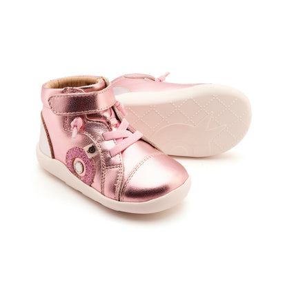 Old Soles 8080 Pushka kids leather shoe in Pink Frost, Glam Pink, and Silver with classic detail