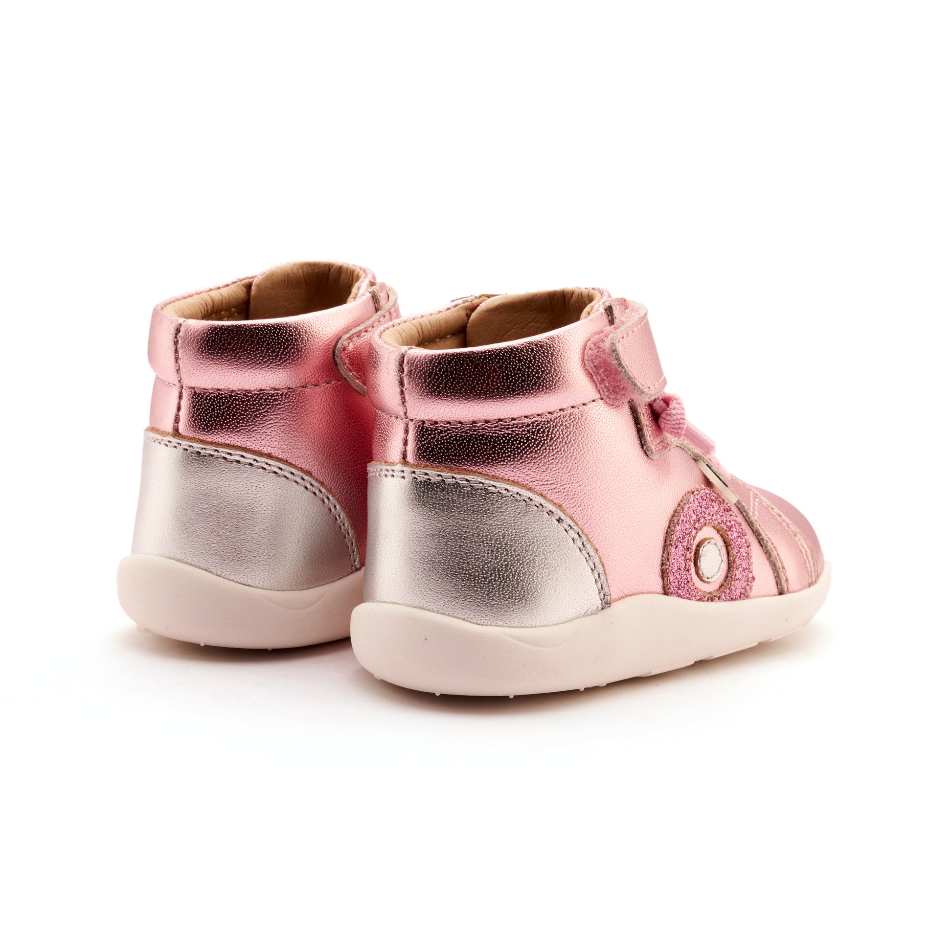 Old Soles 8080 Pushka kids leather shoe in Pink Frost, Glam Pink, and Silver with classic detail