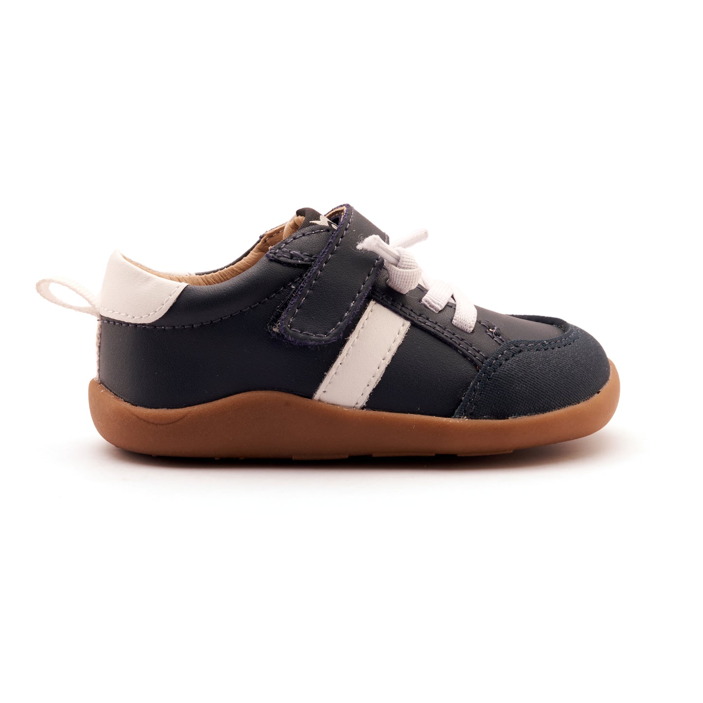 Old Soles 8083 Retro Ground kids leather shoe in Navy and Snow with rubber sole detail