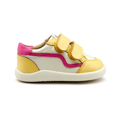 Old Soles 8086 Field Ground kids leather sneaker in Lemon, Nacardo Blanco, and Candy with rubber sole detail