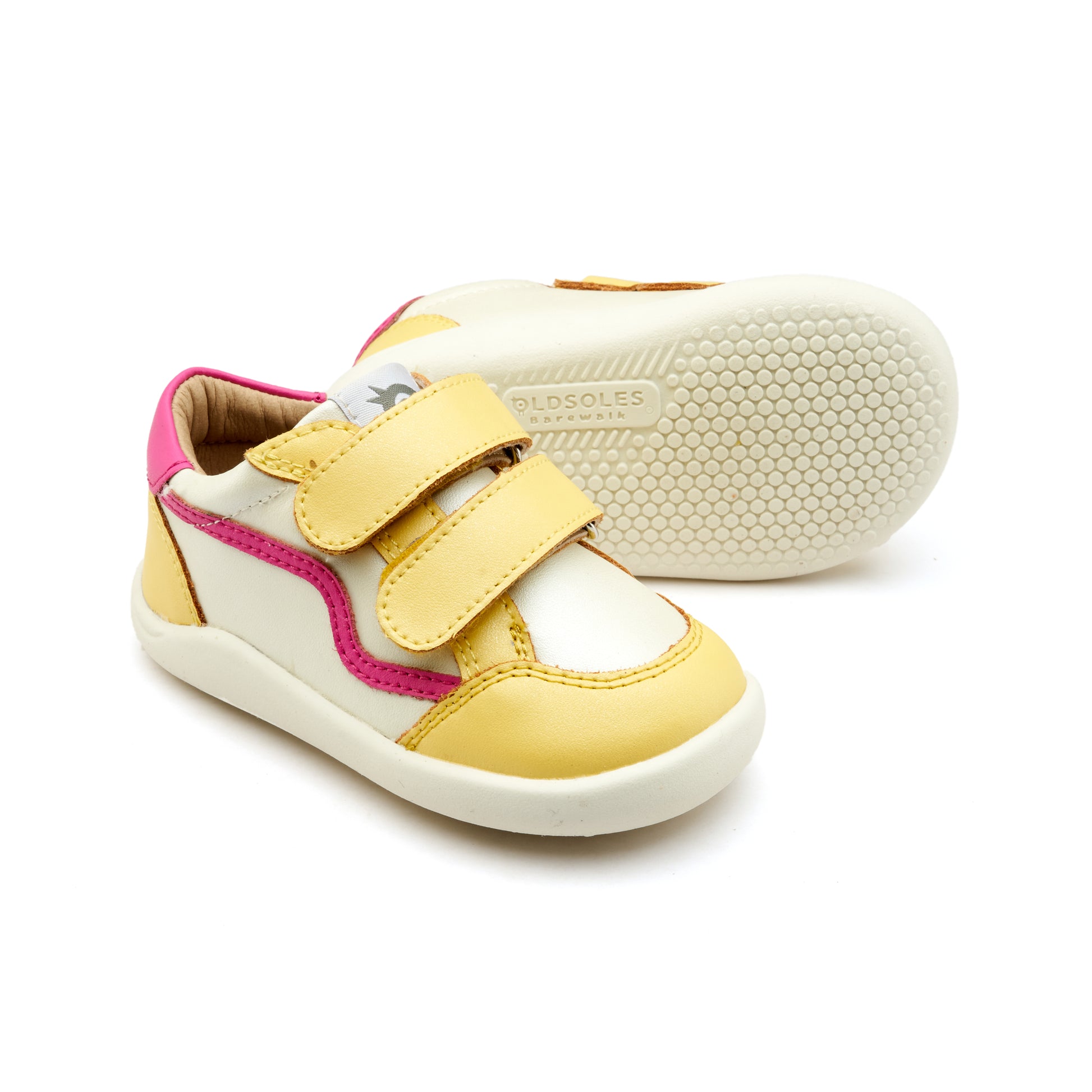 Old Soles 8086 Field Ground kids leather sneaker in Lemon, Nacardo Blanco, and Candy with rubber sole detail