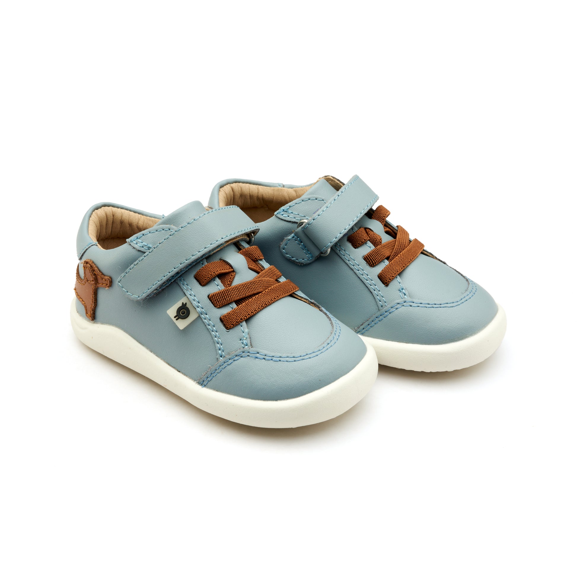 Old Soles 8089 Dash Ground kids leather shoe in Dusty Blue and Tan with rubber sole detail