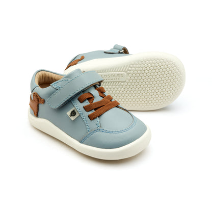 Old Soles 8089 Dash Ground kids leather shoe in Dusty Blue and Tan with rubber sole detail