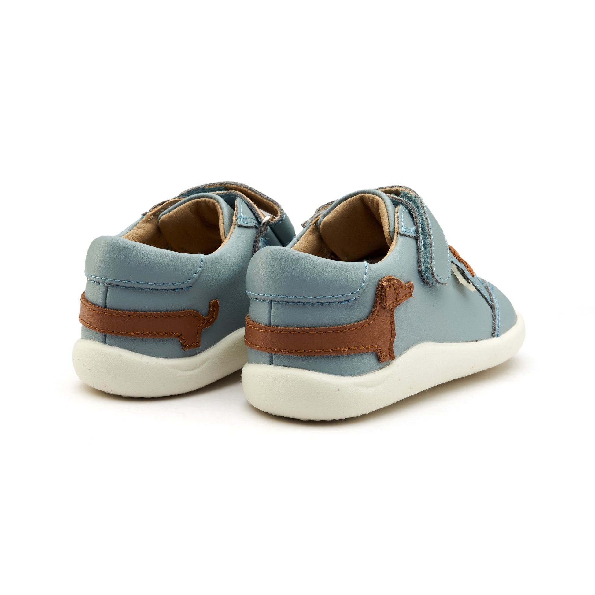 Old Soles 8089 Dash Ground kids leather shoe in Dusty Blue and Tan with rubber sole detail