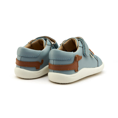 Old Soles 8089 Dash Ground kids leather shoe in Dusty Blue and Tan with rubber sole detail