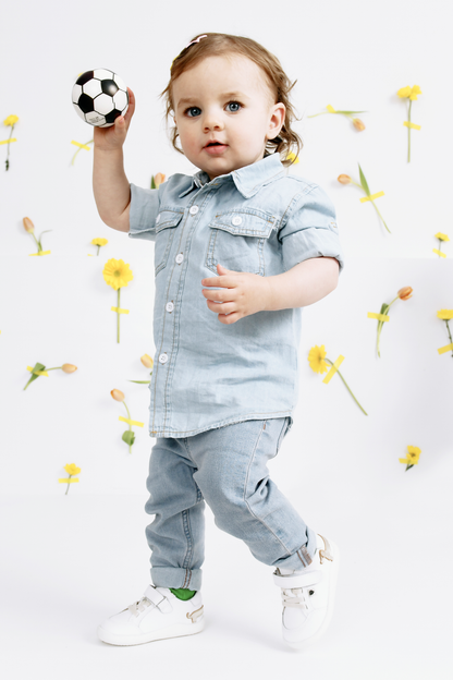 Old Soles 8089 Dash Ground kids leather shoe in Snow and Gold with rubber sole detail