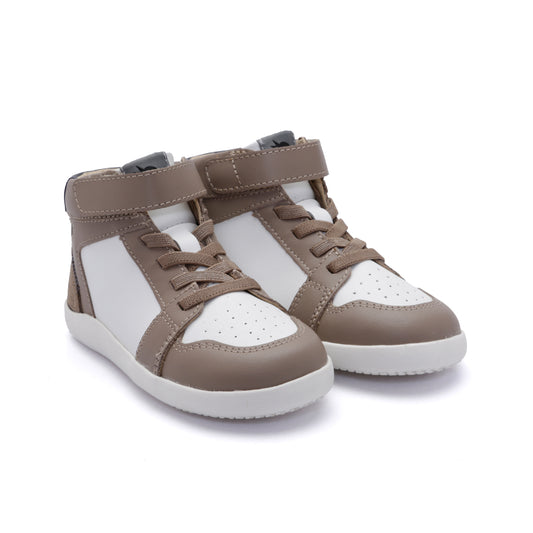 Old Soles 8113 High Jump Ground kids leather shoe in Taupe and Snow and Navy with rubber sole detail
