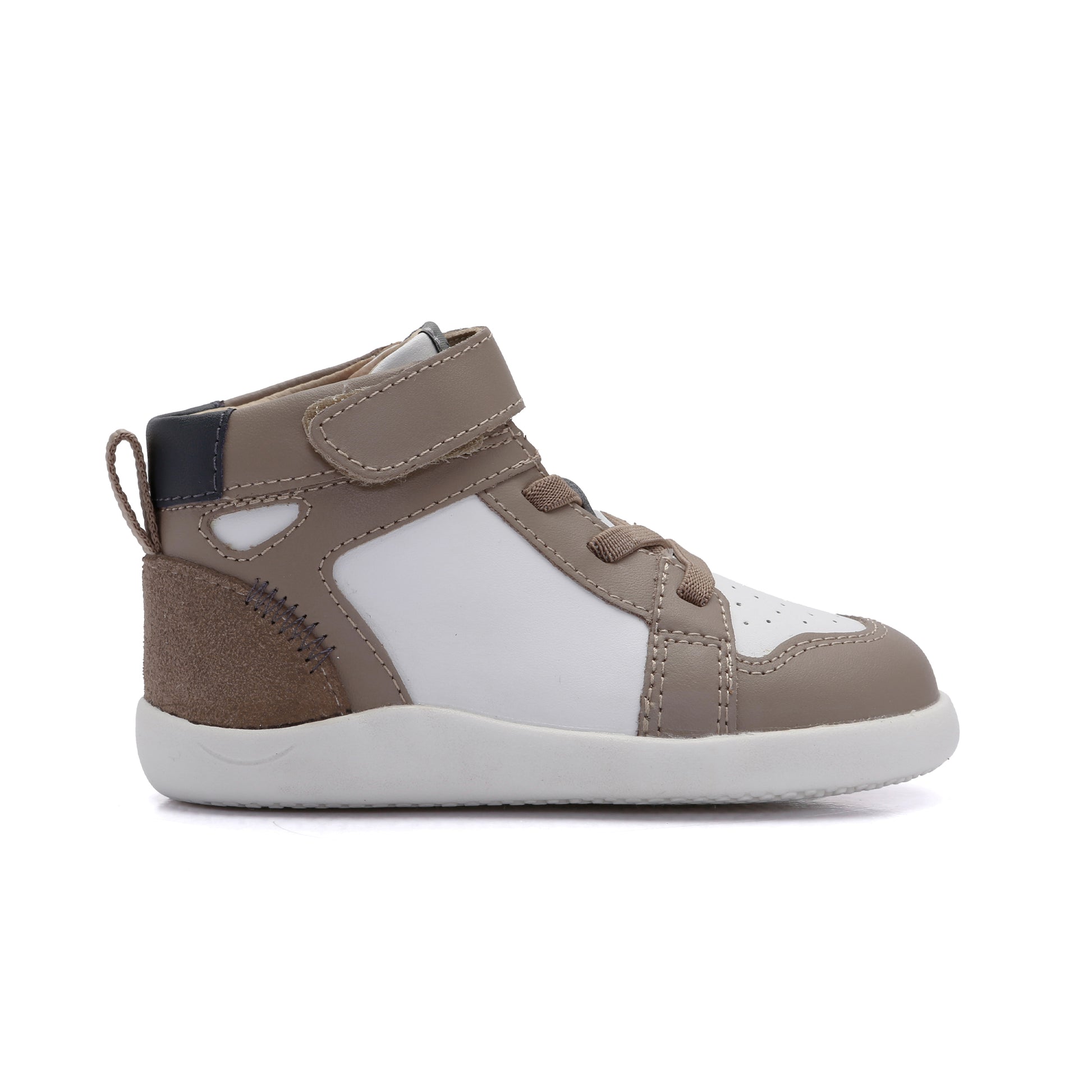 Old Soles 8113 High Jump Ground kids leather shoe in Taupe and Snow and Navy with rubber sole detail