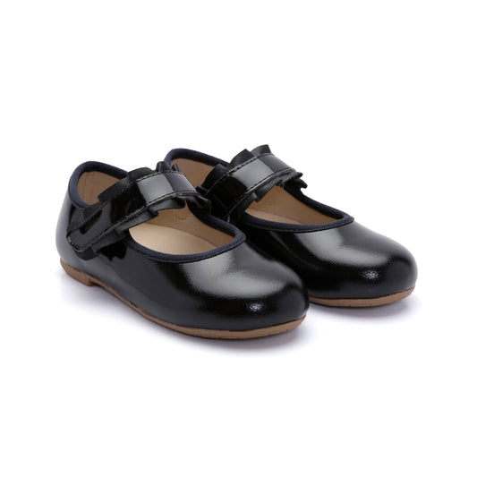Old Soles 818 Frilly Jane kids leather flat in Black Patent with ruffle detail