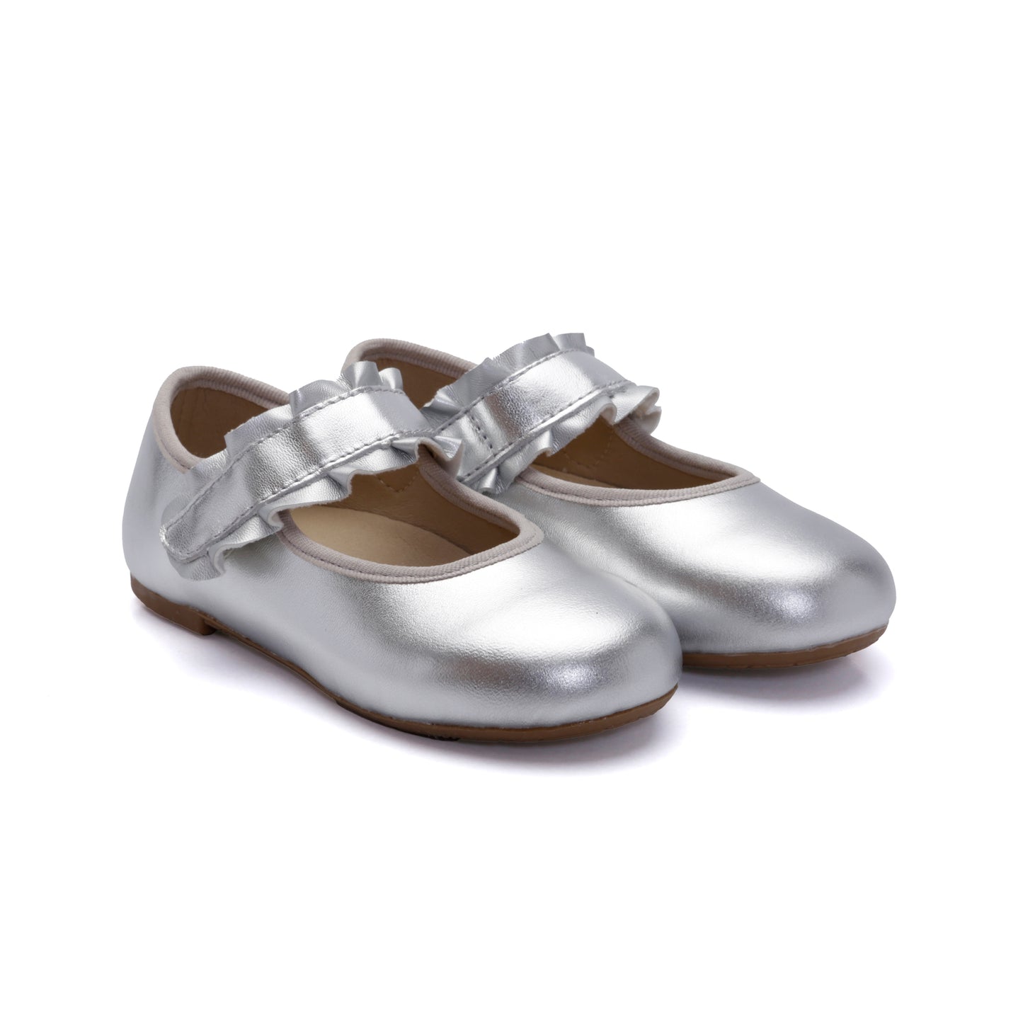 Old Soles 818 Frilly Jane kids leather flat in Silver with ruffle detail