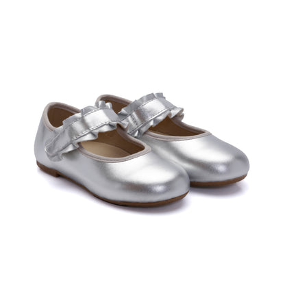 Old Soles 818 Frilly Jane kids leather flat in Silver with ruffle detail