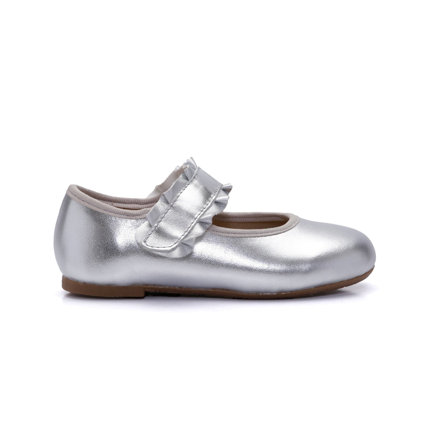 Old Soles 818 Frilly Jane kids leather flat in Silver with ruffle detail