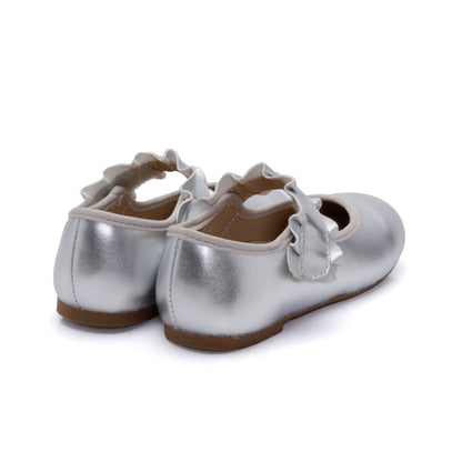 Old Soles 818 Frilly Jane kids leather flat in Silver with ruffle detail
