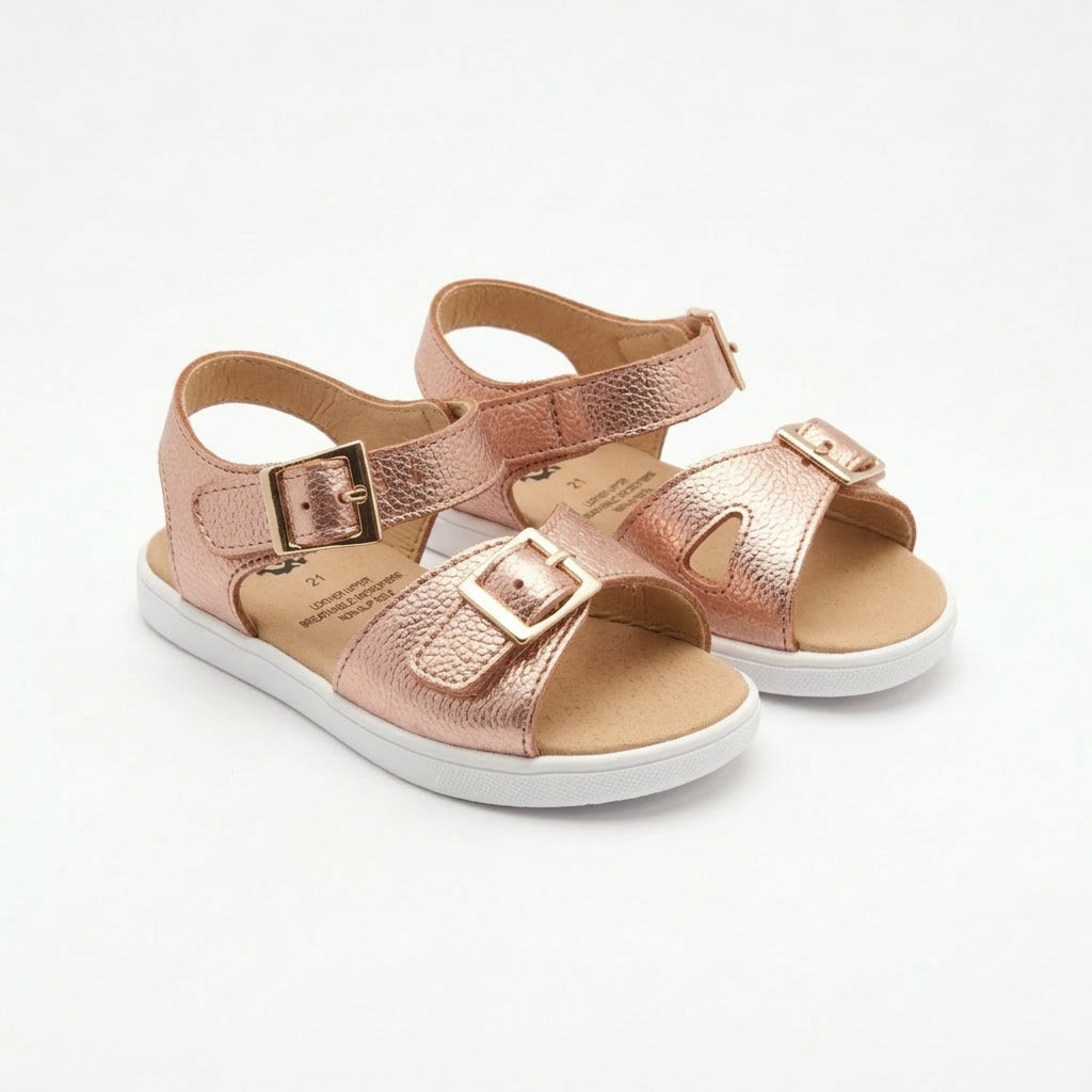 Old Soles 9503 Fresh Cut kids leather sandal in Lychee Metalic Pink with buckle detail
