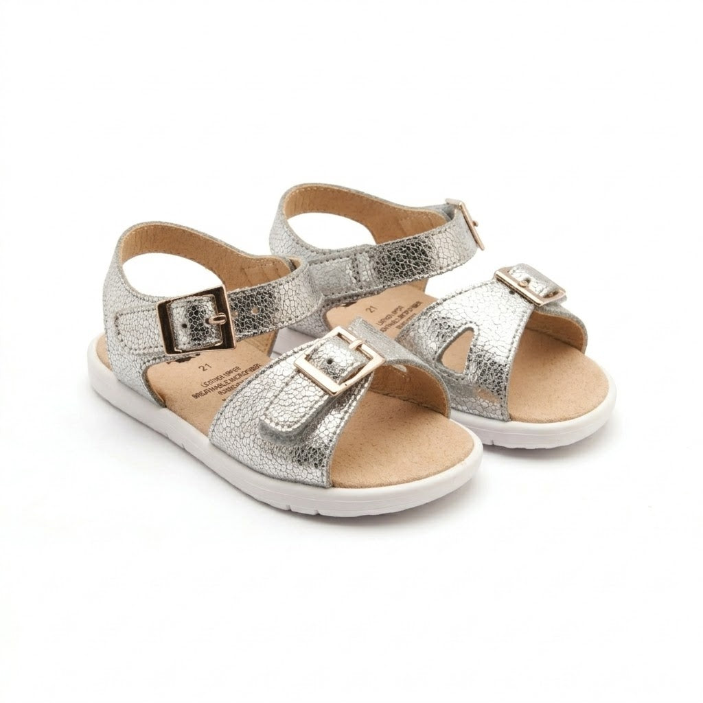 Old Soles 9503 Fresh Cut kids leather sandal in Silver Crackle with buckle detail
