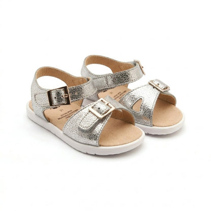 Old Soles 9503 Fresh Cut kids leather sandal in Silver Crackle with buckle detail