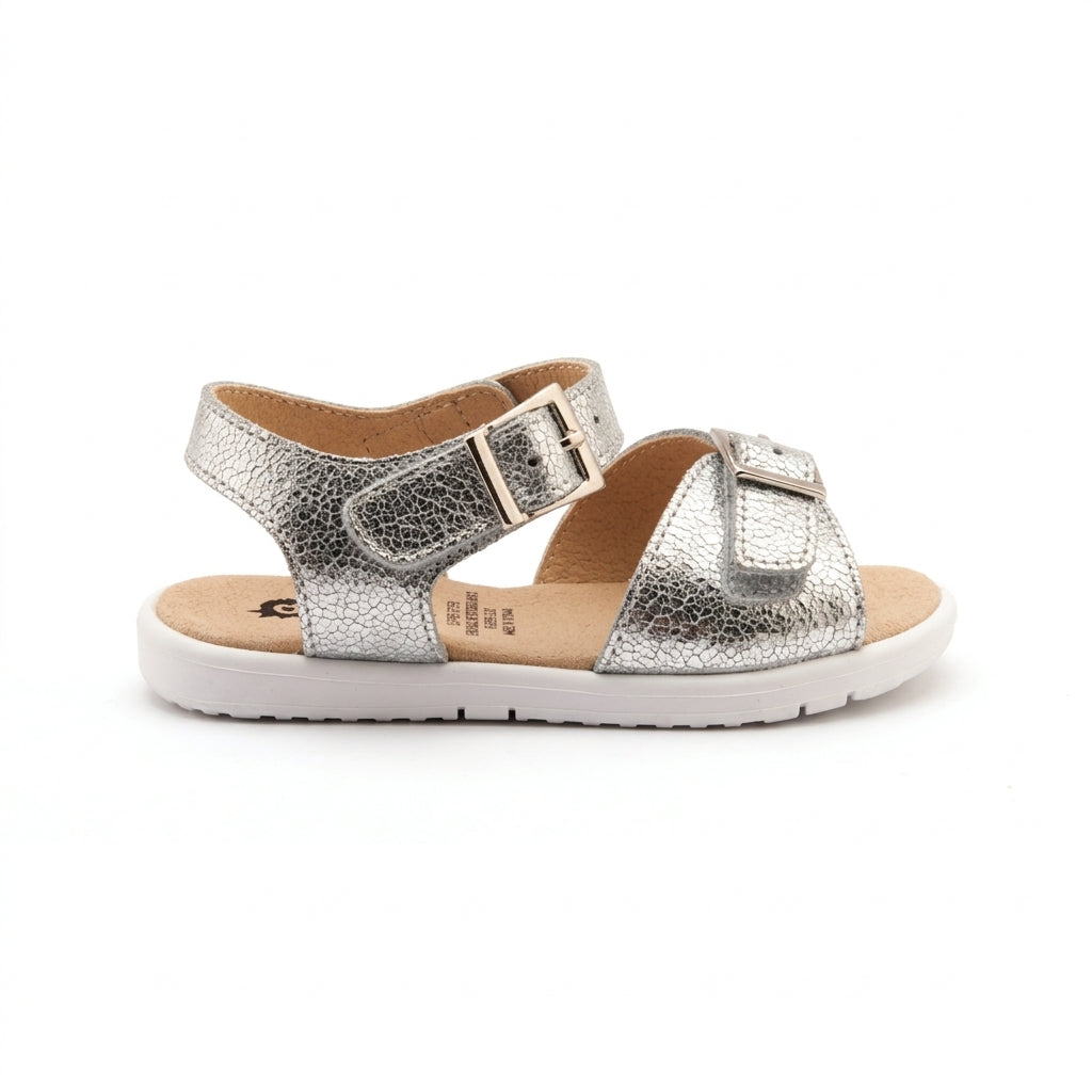 Old Soles 9503 Fresh Cut kids leather sandal in Silver Crackle with buckle detail